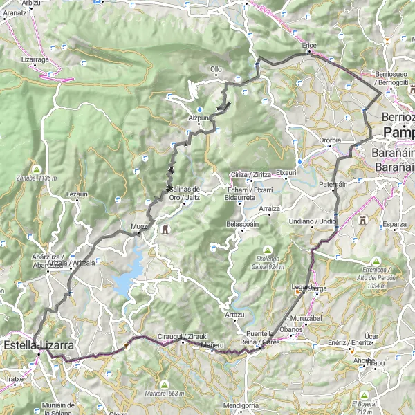 Map miniature of "The Road to Guembe and Zabal" cycling inspiration in Comunidad Foral de Navarra, Spain. Generated by Tarmacs.app cycling route planner