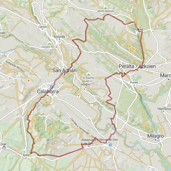 Miniatura della mappa di ispirazione al ciclismo "Historic Gravel Route to San Adrián" nella regione di Comunidad Foral de Navarra, Spain. Generata da Tarmacs.app, pianificatore di rotte ciclistiche