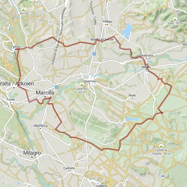 Miniaturní mapa "Gravelový okruh kolem Murilla el Cuende" inspirace pro cyklisty v oblasti Comunidad Foral de Navarra, Spain. Vytvořeno pomocí plánovače tras Tarmacs.app