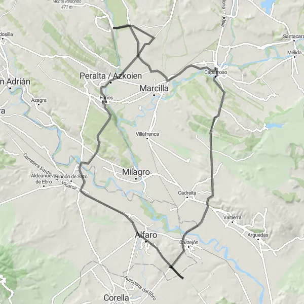 Miniatura della mappa di ispirazione al ciclismo "Tour ciclistico da Falces a Funes" nella regione di Comunidad Foral de Navarra, Spain. Generata da Tarmacs.app, pianificatore di rotte ciclistiche