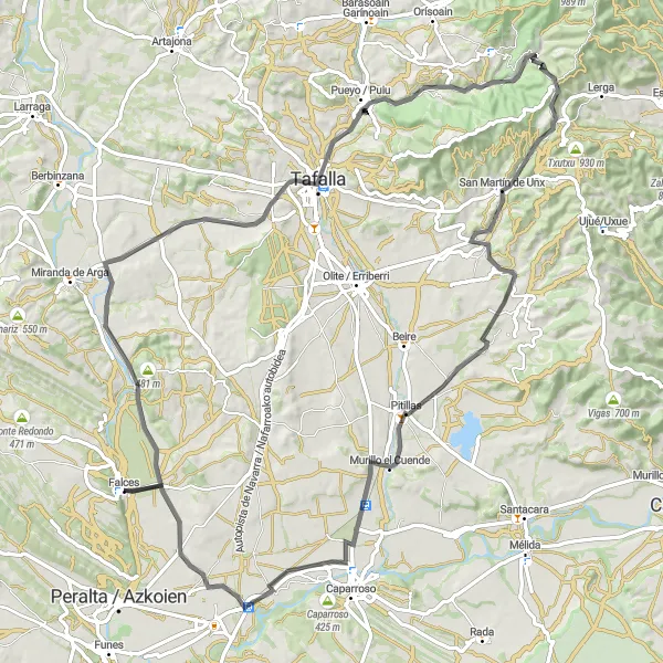 Miniatuurkaart van de fietsinspiratie "Ontspannende rit vanaf Falces via Pueyo / Puiu en Puenta la Reina / Gares" in Comunidad Foral de Navarra, Spain. Gemaakt door de Tarmacs.app fietsrouteplanner