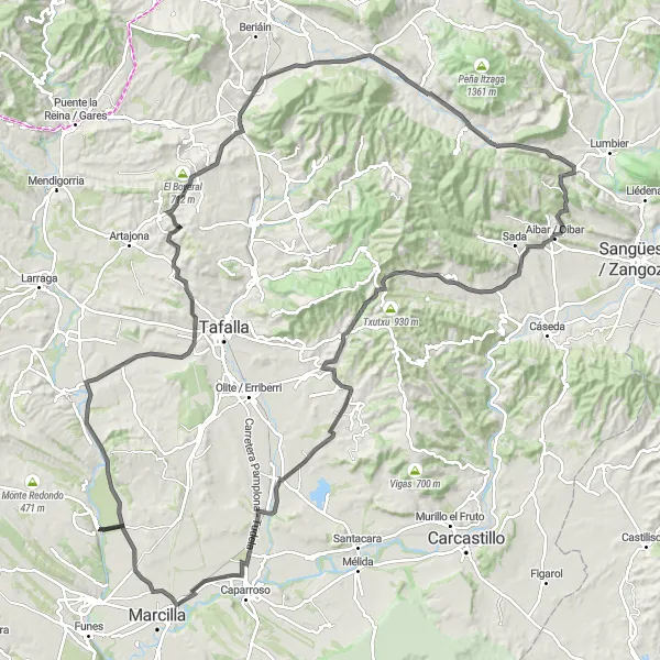 Miniaturní mapa "Cyklistická trasa kolem Falces - Horská Krajina" inspirace pro cyklisty v oblasti Comunidad Foral de Navarra, Spain. Vytvořeno pomocí plánovače tras Tarmacs.app