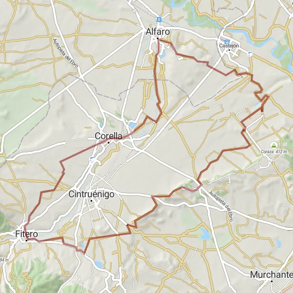 Miniatura della mappa di ispirazione al ciclismo "Avventura in bicicletta da Fitero ad Alfaro via Corella" nella regione di Comunidad Foral de Navarra, Spain. Generata da Tarmacs.app, pianificatore di rotte ciclistiche