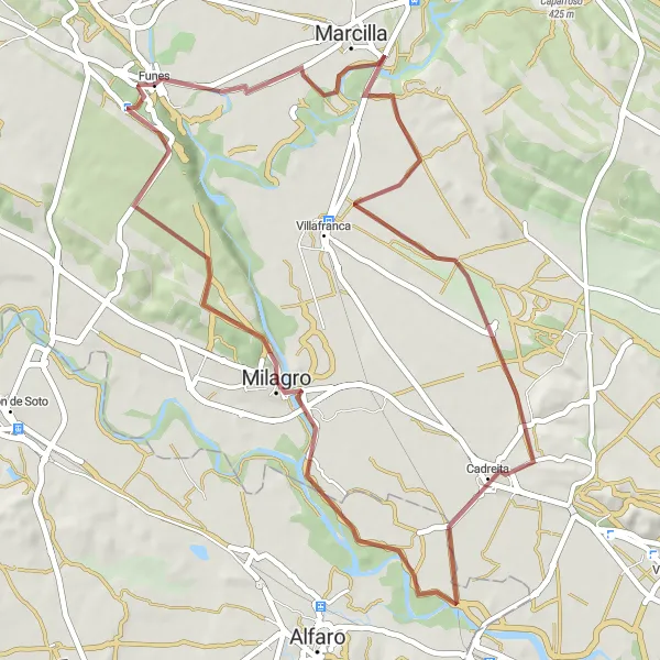 Miniatura della mappa di ispirazione al ciclismo "Giro in Gravel tra Funes e Marcilla" nella regione di Comunidad Foral de Navarra, Spain. Generata da Tarmacs.app, pianificatore di rotte ciclistiche