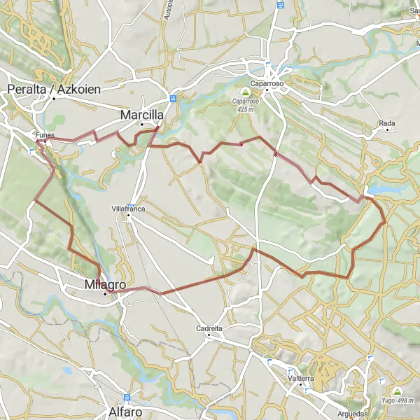 Miniatura della mappa di ispirazione al ciclismo "Giro in Gravel tra Funes e Marcilla" nella regione di Comunidad Foral de Navarra, Spain. Generata da Tarmacs.app, pianificatore di rotte ciclistiche