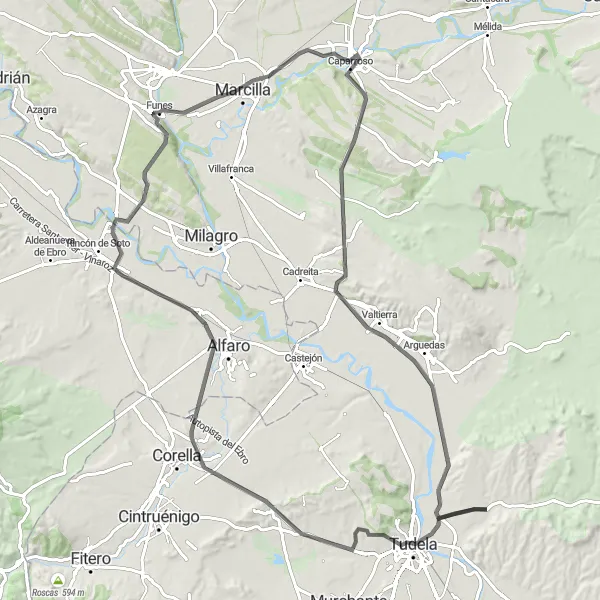 Map miniature of "Road Cycling Adventure around Funes" cycling inspiration in Comunidad Foral de Navarra, Spain. Generated by Tarmacs.app cycling route planner