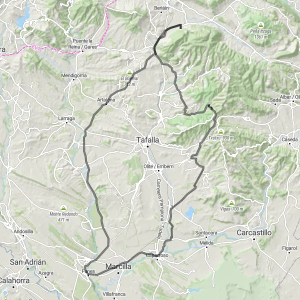 Map miniature of "Challenge Yourself on the Exhilarating Funes Cycling Route" cycling inspiration in Comunidad Foral de Navarra, Spain. Generated by Tarmacs.app cycling route planner