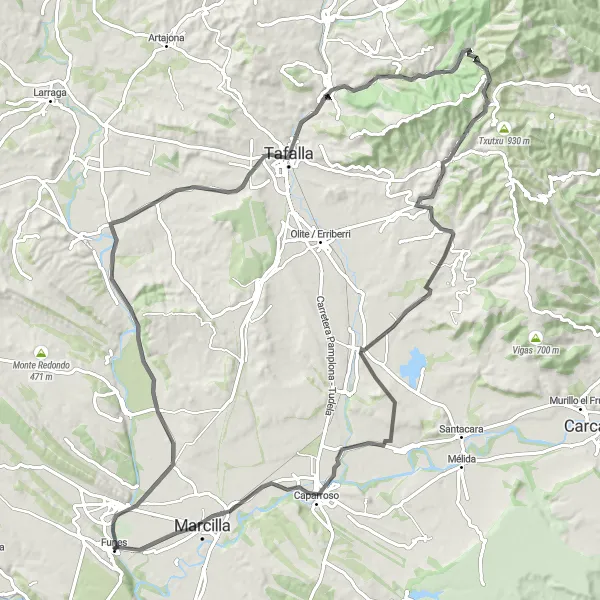 Miniatua del mapa de inspiración ciclista "Ruta ciclista de carretera desde Funes hasta Peralta / Azkoien" en Comunidad Foral de Navarra, Spain. Generado por Tarmacs.app planificador de rutas ciclistas