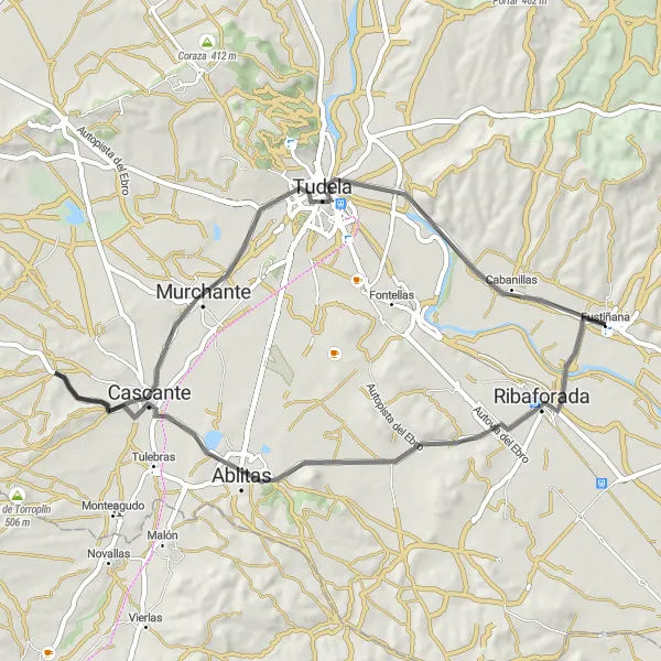 Map miniature of "Fustiñana – Castillo de Ablitas – Cascante – Torre Monreal – Cabanillas" cycling inspiration in Comunidad Foral de Navarra, Spain. Generated by Tarmacs.app cycling route planner