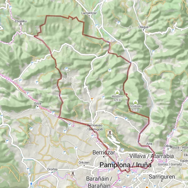 Miniatura della mappa di ispirazione al ciclismo "Giro in Gravel da Iturrama a Pamplona via Aizoáin e Izketa" nella regione di Comunidad Foral de Navarra, Spain. Generata da Tarmacs.app, pianificatore di rotte ciclistiche