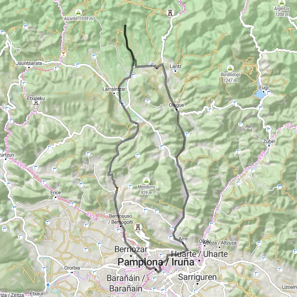 Map miniature of "Pamplona to Kiosco de la Plaza del Castillo" cycling inspiration in Comunidad Foral de Navarra, Spain. Generated by Tarmacs.app cycling route planner