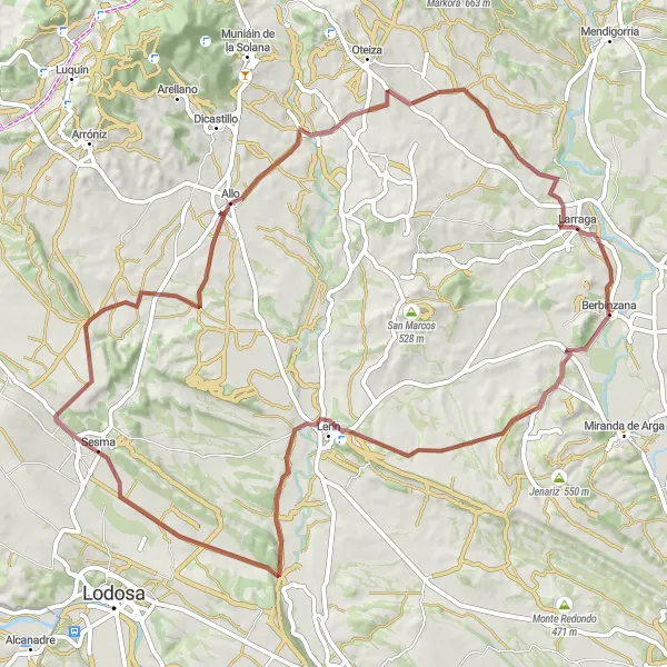 Karten-Miniaturansicht der Radinspiration "Abenteuertour von Larraga nach Allo" in Comunidad Foral de Navarra, Spain. Erstellt vom Tarmacs.app-Routenplaner für Radtouren