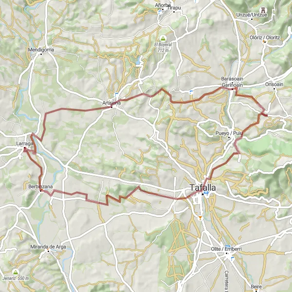 Miniatura della mappa di ispirazione al ciclismo "Giro in bicicletta tra Larraga e Artajona" nella regione di Comunidad Foral de Navarra, Spain. Generata da Tarmacs.app, pianificatore di rotte ciclistiche