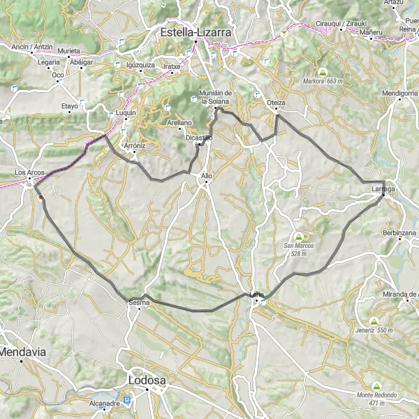 Miniatua del mapa de inspiración ciclista "Ruta de ciclismo por carretera desde Larraga a través de Lerín" en Comunidad Foral de Navarra, Spain. Generado por Tarmacs.app planificador de rutas ciclistas