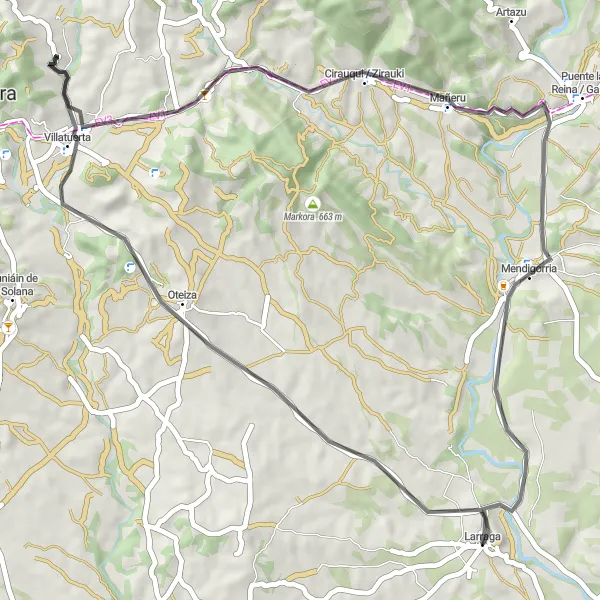 Miniatura della mappa di ispirazione al ciclismo "Percorso su strada da Larraga" nella regione di Comunidad Foral de Navarra, Spain. Generata da Tarmacs.app, pianificatore di rotte ciclistiche