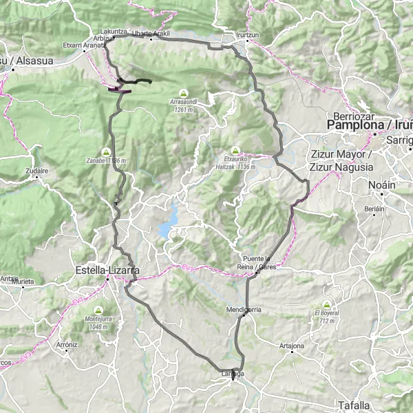 Map miniature of "Road Cycling Extravaganza in Navarra" cycling inspiration in Comunidad Foral de Navarra, Spain. Generated by Tarmacs.app cycling route planner