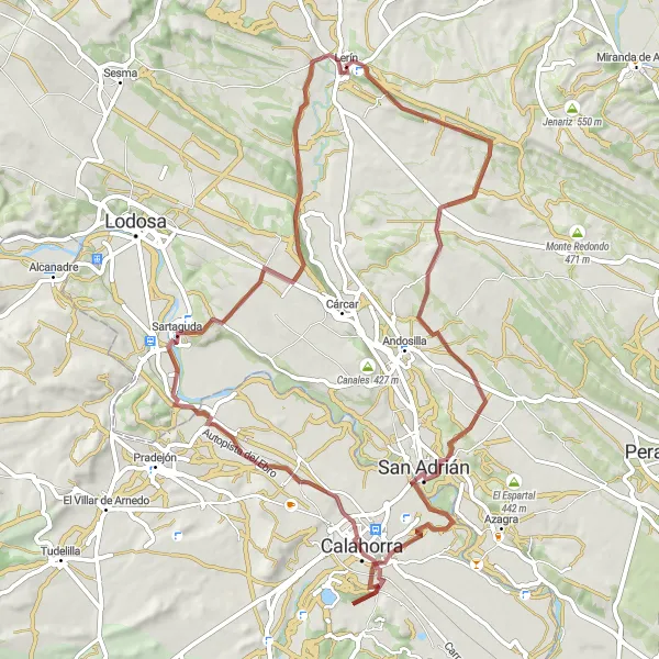 Miniatura della mappa di ispirazione al ciclismo "Gravel da Lerín a Unson - San Adrián - Calahorra - Sartaguda" nella regione di Comunidad Foral de Navarra, Spain. Generata da Tarmacs.app, pianificatore di rotte ciclistiche