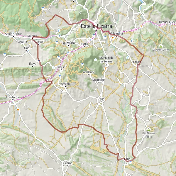 Miniatura della mappa di ispirazione al ciclismo "Gravel di Lerín - Garamenza - Arteaga - Muskildia - Oteiza" nella regione di Comunidad Foral de Navarra, Spain. Generata da Tarmacs.app, pianificatore di rotte ciclistiche