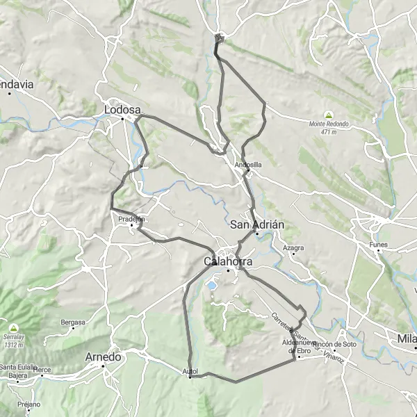 Miniaturní mapa "Trasa Andosilla - Aldeanueva de Ebro - Autol - Pradejón - Monte del Tío Borde - Sartaguda - Cárcar - Lerín" inspirace pro cyklisty v oblasti Comunidad Foral de Navarra, Spain. Vytvořeno pomocí plánovače tras Tarmacs.app
