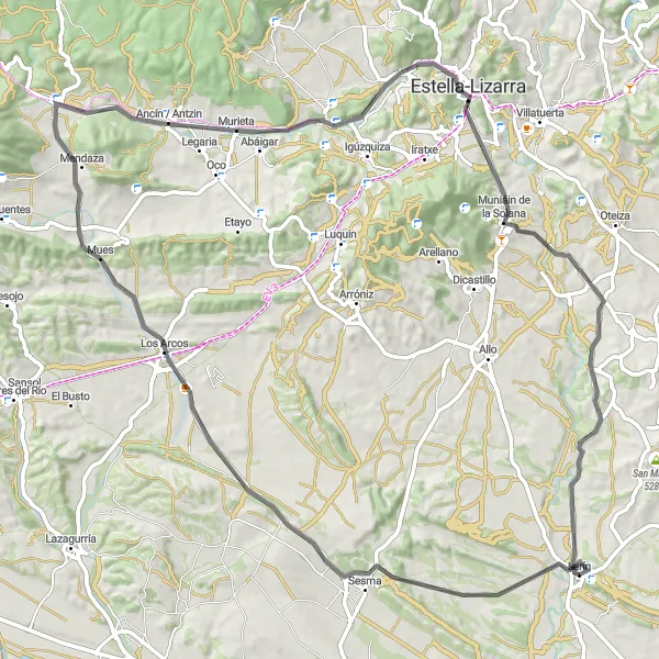 Miniaturní mapa "Trasa Los Arcos - Murillo - Murieta - Zalatambor - Muniáin de la Solana - Lerín" inspirace pro cyklisty v oblasti Comunidad Foral de Navarra, Spain. Vytvořeno pomocí plánovače tras Tarmacs.app