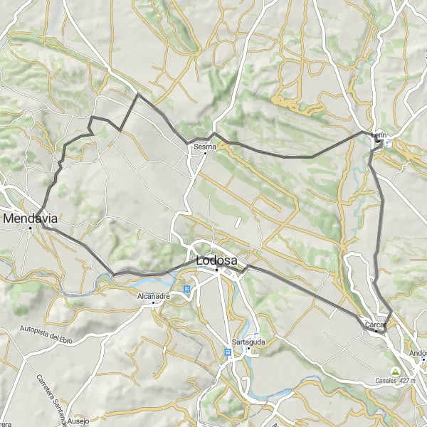 Miniatura della mappa di ispirazione al ciclismo "Ciclovia asfaltata da Lerín a Mendavia" nella regione di Comunidad Foral de Navarra, Spain. Generata da Tarmacs.app, pianificatore di rotte ciclistiche