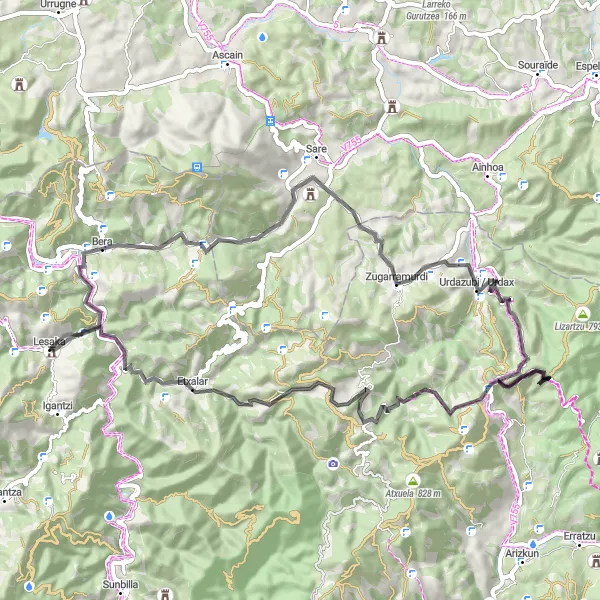 Map miniature of "Lesaka and Surrounding Villages" cycling inspiration in Comunidad Foral de Navarra, Spain. Generated by Tarmacs.app cycling route planner