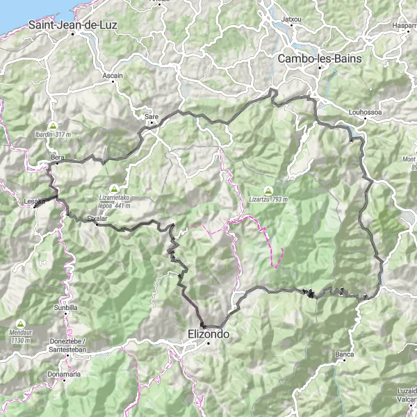 Miniature de la carte de l'inspiration cycliste "Parcours des Montagnes Basques" dans la Comunidad Foral de Navarra, Spain. Générée par le planificateur d'itinéraire cycliste Tarmacs.app