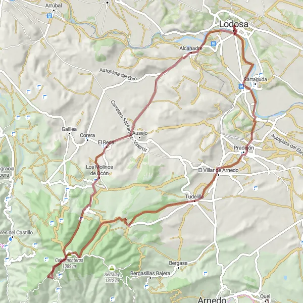 Miniatua del mapa de inspiración ciclista "Vuelta en bicicleta de gravel desde Lodosa II" en Comunidad Foral de Navarra, Spain. Generado por Tarmacs.app planificador de rutas ciclistas