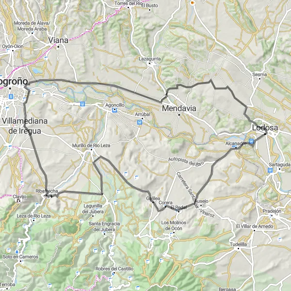 Miniatua del mapa de inspiración ciclista "Vuelta en bicicleta de carretera desde Lodosa II" en Comunidad Foral de Navarra, Spain. Generado por Tarmacs.app planificador de rutas ciclistas