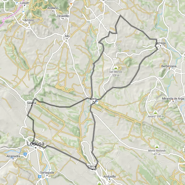 Miniaturní mapa "Okruh Lodosa - Larraga - Lerín - Cárcar" inspirace pro cyklisty v oblasti Comunidad Foral de Navarra, Spain. Vytvořeno pomocí plánovače tras Tarmacs.app