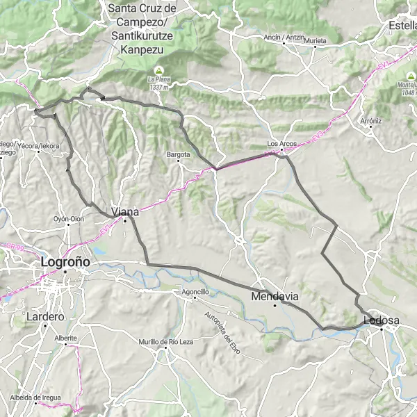 Miniature de la carte de l'inspiration cycliste "La boucle des vignobles de Navarre" dans la Comunidad Foral de Navarra, Spain. Générée par le planificateur d'itinéraire cycliste Tarmacs.app