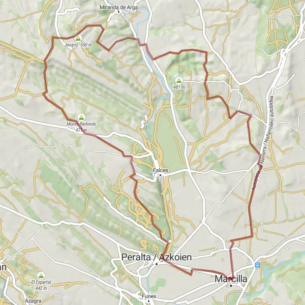 Miniatua del mapa de inspiración ciclista "Ruta de grava desde Marcilla hasta Vergalijo" en Comunidad Foral de Navarra, Spain. Generado por Tarmacs.app planificador de rutas ciclistas