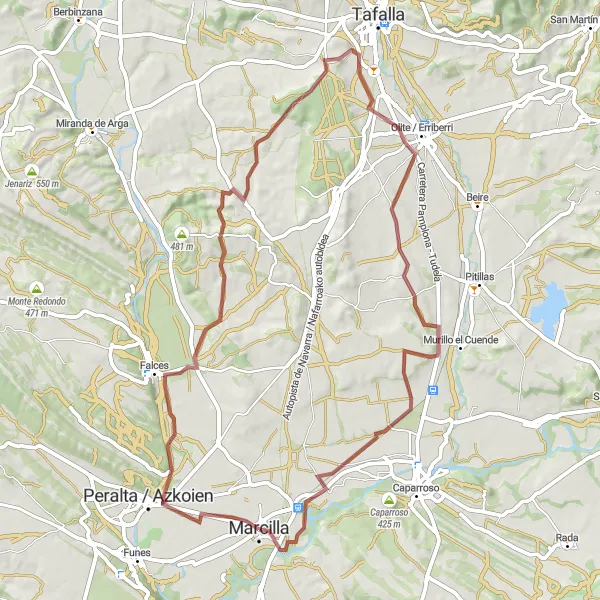 Map miniature of "Exploring Gravel Paths: Marcilla to Olite / Erriberri" cycling inspiration in Comunidad Foral de Navarra, Spain. Generated by Tarmacs.app cycling route planner
