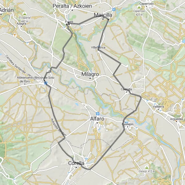 Miniatura della mappa di ispirazione al ciclismo "Giro in bici su strada vicino a Marcilla" nella regione di Comunidad Foral de Navarra, Spain. Generata da Tarmacs.app, pianificatore di rotte ciclistiche