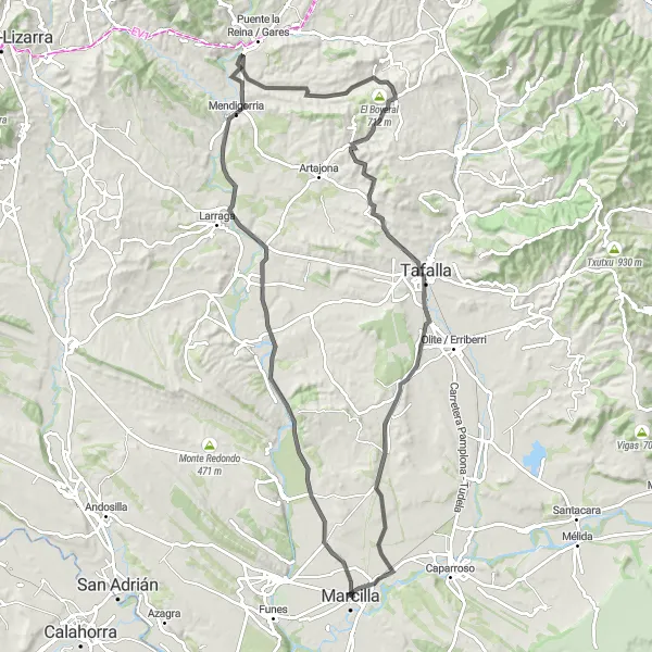 Miniatura della mappa di ispirazione al ciclismo "Giro in Bici Stradale da Marcilla a Tafalla" nella regione di Comunidad Foral de Navarra, Spain. Generata da Tarmacs.app, pianificatore di rotte ciclistiche