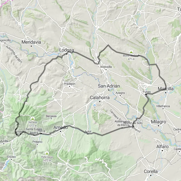 Miniatura della mappa di ispirazione al ciclismo "Giro ciclistico epico attraverso Navarra" nella regione di Comunidad Foral de Navarra, Spain. Generata da Tarmacs.app, pianificatore di rotte ciclistiche