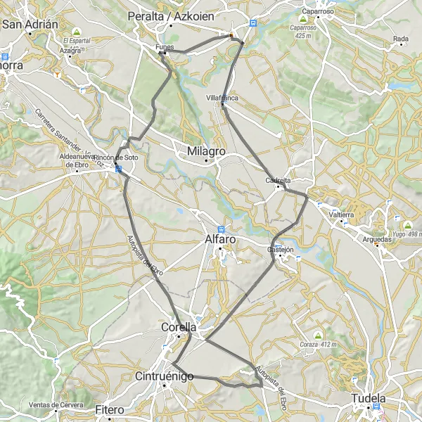 Miniatura della mappa di ispirazione al ciclismo "Avventura Ciclistica da Villafranca a Castillo de Marcilla" nella regione di Comunidad Foral de Navarra, Spain. Generata da Tarmacs.app, pianificatore di rotte ciclistiche