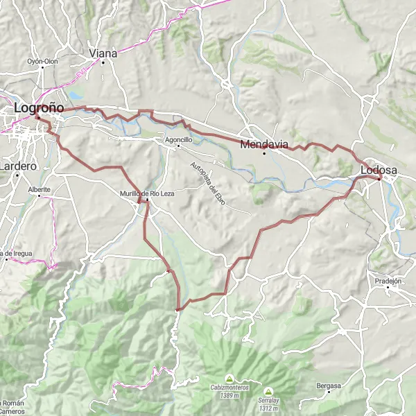 Miniatura della mappa di ispirazione al ciclismo "Rotta in sterrato da Mendavia a Lazagurría" nella regione di Comunidad Foral de Navarra, Spain. Generata da Tarmacs.app, pianificatore di rotte ciclistiche