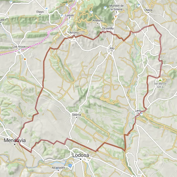 Map miniature of "Gravel Loop around Mendavia" cycling inspiration in Comunidad Foral de Navarra, Spain. Generated by Tarmacs.app cycling route planner