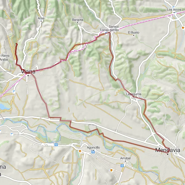Miniatura della mappa di ispirazione al ciclismo "Tra Viana e Lazagurría" nella regione di Comunidad Foral de Navarra, Spain. Generata da Tarmacs.app, pianificatore di rotte ciclistiche