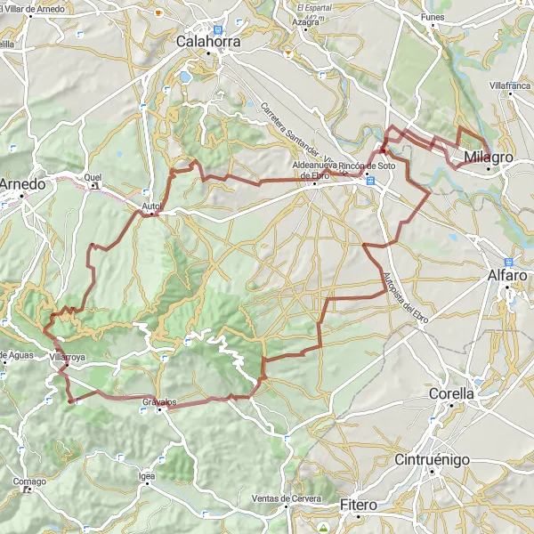 Miniatura della mappa di ispirazione al ciclismo "Giro in bicicletta Gravel attraverso Grávalos e Aldeanueva de Ebro" nella regione di Comunidad Foral de Navarra, Spain. Generata da Tarmacs.app, pianificatore di rotte ciclistiche