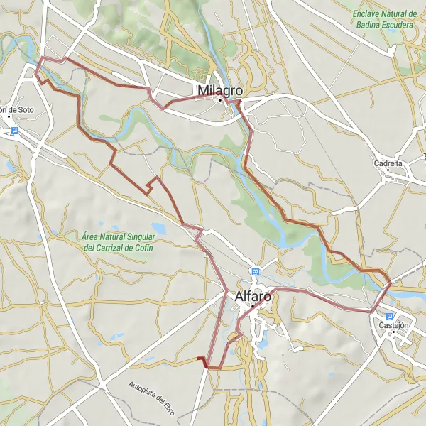 Miniatura della mappa di ispirazione al ciclismo "Breve escursione in bicicletta da Milagro a Ninfeo" nella regione di Comunidad Foral de Navarra, Spain. Generata da Tarmacs.app, pianificatore di rotte ciclistiche