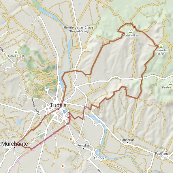 Miniatura della mappa di ispirazione al ciclismo "Percorso in gravel da Murchante a Tresmontes" nella regione di Comunidad Foral de Navarra, Spain. Generata da Tarmacs.app, pianificatore di rotte ciclistiche