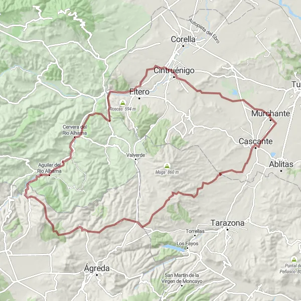 Miniaturní mapa "Náročná gravelová trasa k Cintruéngu a Cascante" inspirace pro cyklisty v oblasti Comunidad Foral de Navarra, Spain. Vytvořeno pomocí plánovače tras Tarmacs.app