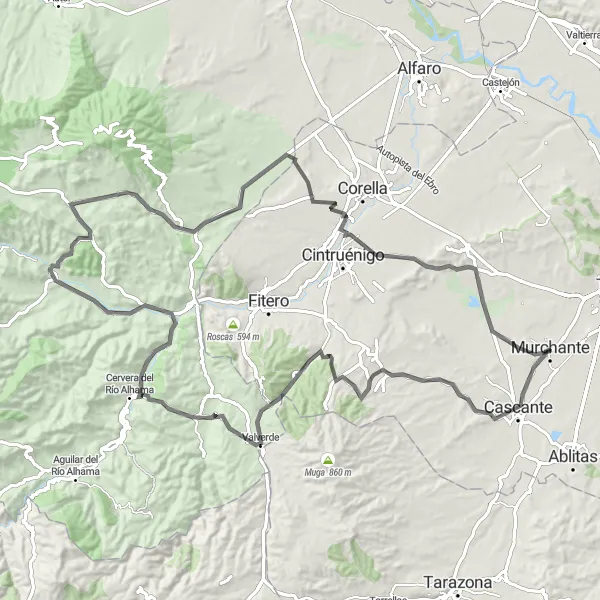 Miniaturní mapa "Náročná silniční cyklotrasa okolo Murchante" inspirace pro cyklisty v oblasti Comunidad Foral de Navarra, Spain. Vytvořeno pomocí plánovače tras Tarmacs.app