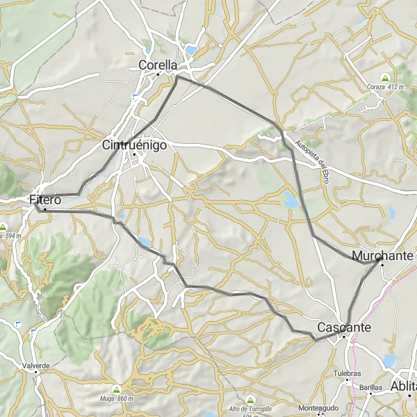 Miniatura della mappa di ispirazione al ciclismo "Itinerario di ciclismo su strada intorno a Murchante" nella regione di Comunidad Foral de Navarra, Spain. Generata da Tarmacs.app, pianificatore di rotte ciclistiche