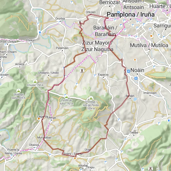 Miniatura della mappa di ispirazione al ciclismo "Giro in mountain bike dal suggestivo Orkoien" nella regione di Comunidad Foral de Navarra, Spain. Generata da Tarmacs.app, pianificatore di rotte ciclistiche