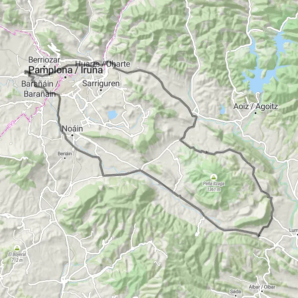 Miniatua del mapa de inspiración ciclista "Ruta de Ciclismo en Carretera desde Orkoien" en Comunidad Foral de Navarra, Spain. Generado por Tarmacs.app planificador de rutas ciclistas