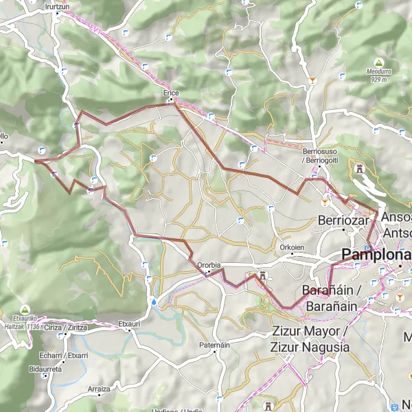 Map miniature of "Scenic Gravel Loop near Pamplona" cycling inspiration in Comunidad Foral de Navarra, Spain. Generated by Tarmacs.app cycling route planner