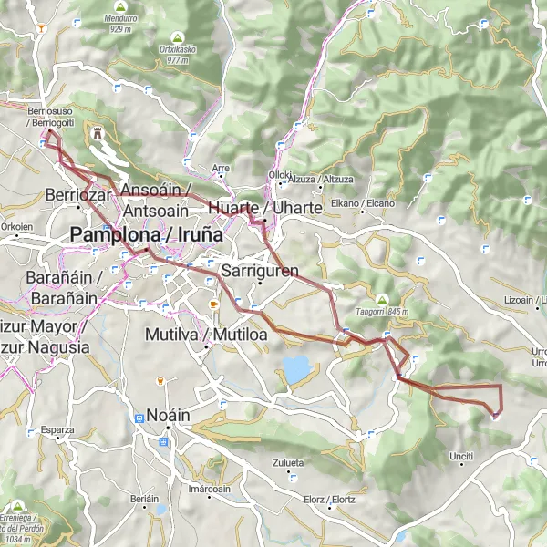 Miniaturní mapa "Gravel okruh kolem Pamplony" inspirace pro cyklisty v oblasti Comunidad Foral de Navarra, Spain. Vytvořeno pomocí plánovače tras Tarmacs.app